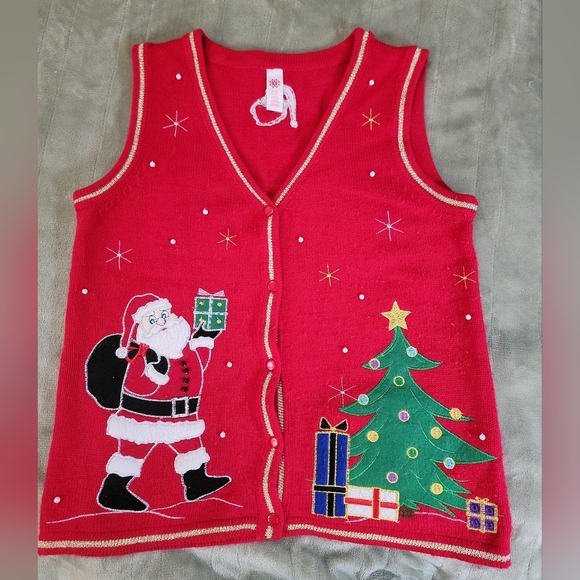 Ugly Christmas Sweater Jackets & Blazers - Ugly Christmas Sweater Festive Red Vest with Santa and Tree Design Small 4/6
